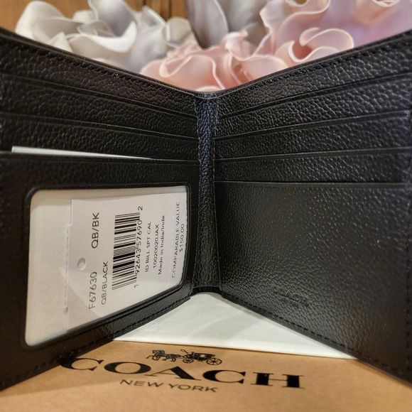NWT COACH Men's Id Billfold Wallet in Black Leather with Coach Gift Box - Picture 3 of 5